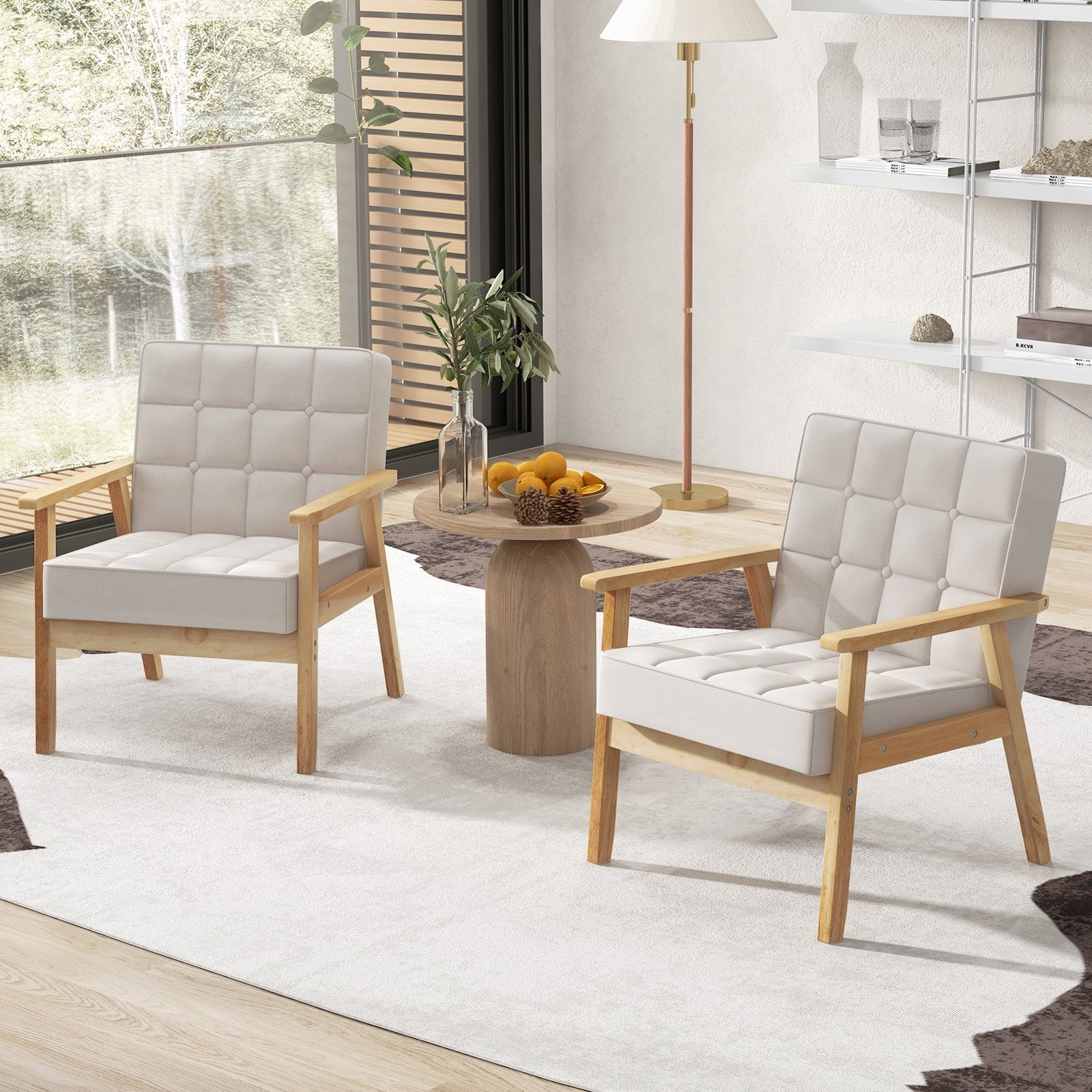 Upholstered Armchair with Rubber Wood Armrests-Beige
