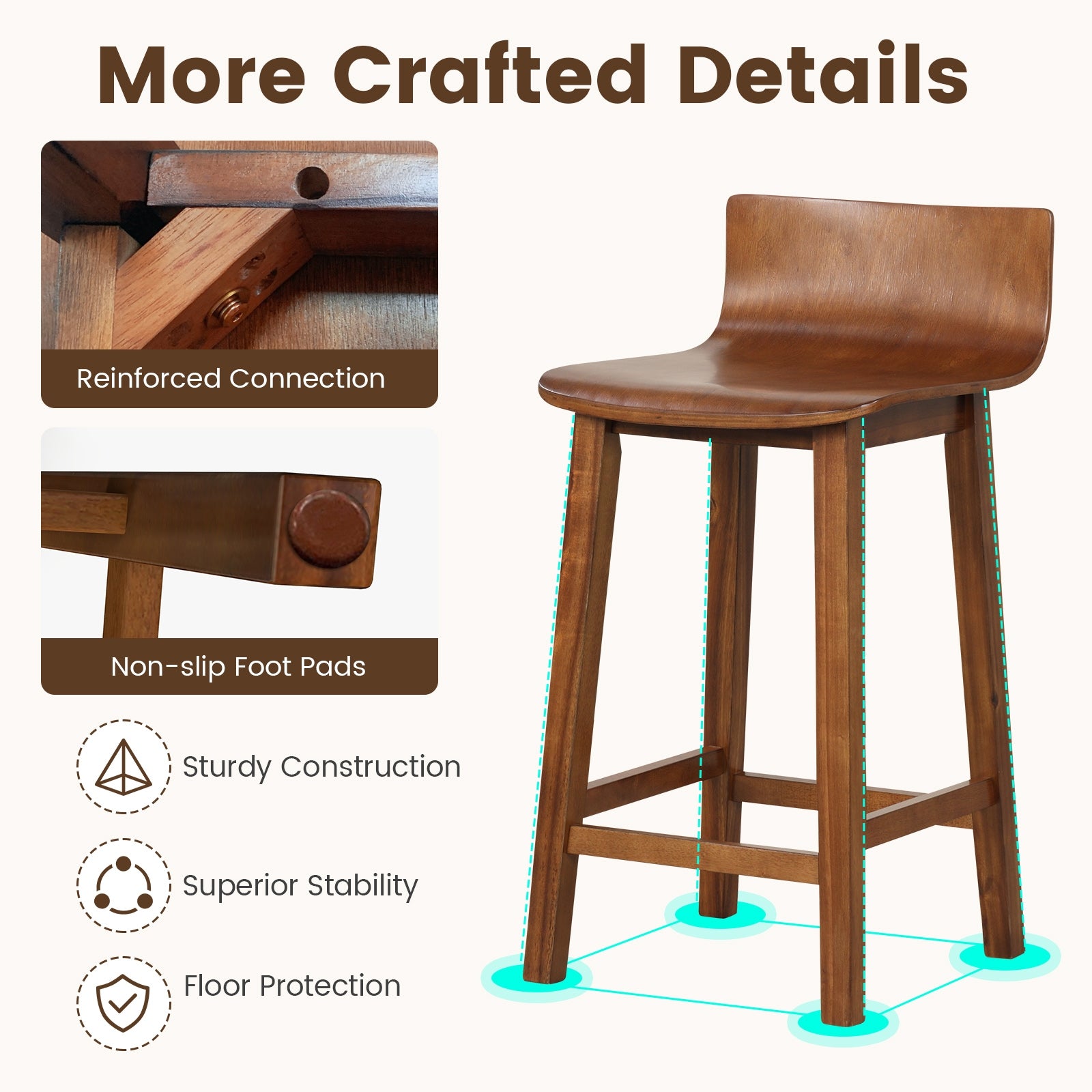 Wood Bar Stools Set of 2 with Solid Back and Seat-Brown