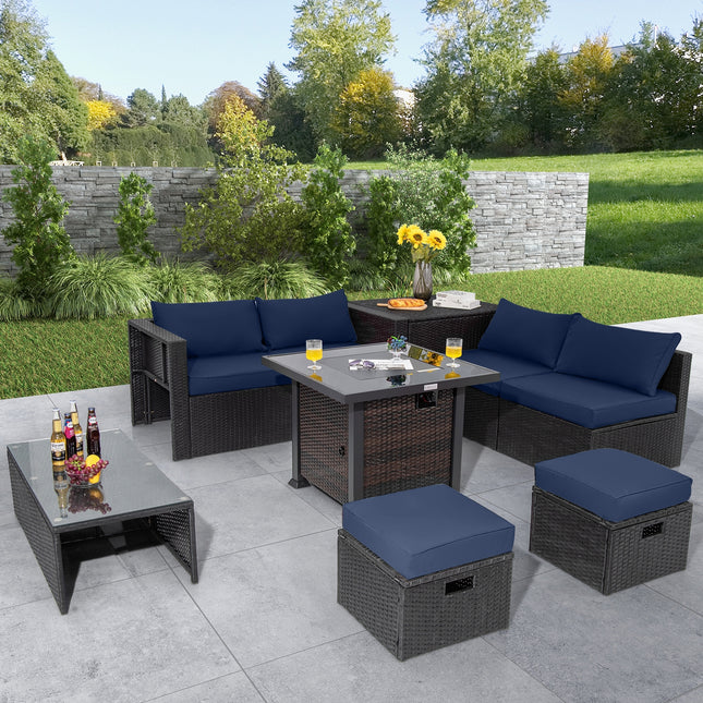 9 Pieces Patio Furniture Set with 32cm Fire Pit Table and 50000 BTU Square Propane Fire Pit-Navy
