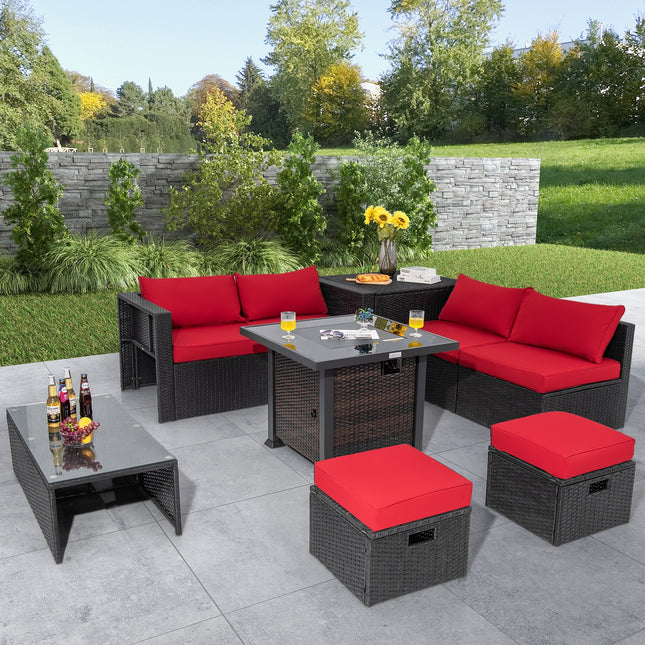 9 Pieces Patio Furniture Set with 32cm Fire Pit Table and 50000 BTU Square Propane Fire Pit-Red