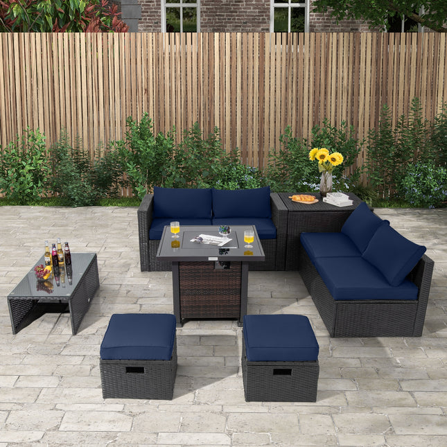 9 Pieces Patio Furniture Set with 32cm Fire Pit Table and 50000 BTU Square Propane Fire Pit-Navy