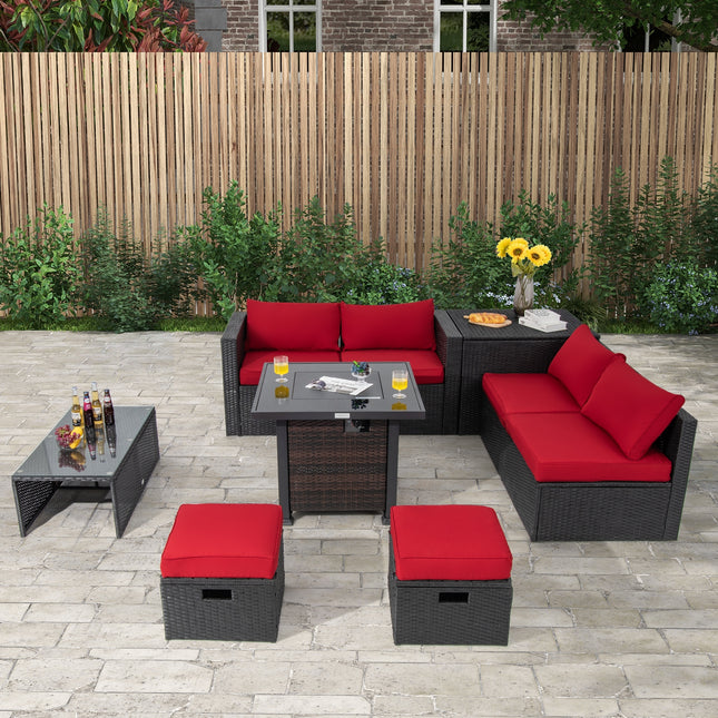 9 Pieces Patio Furniture Set with 32cm Fire Pit Table and 50000 BTU Square Propane Fire Pit-Red