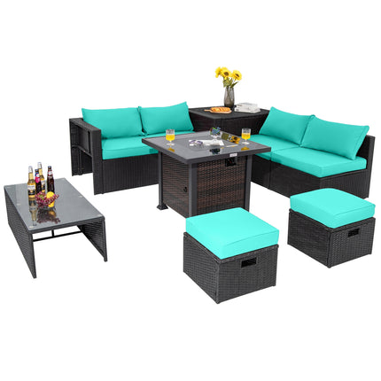 9 Pieces Patio Furniture Set with 32cm Fire Pit Table and 50000 BTU Square Propane Fire Pit-Turquoise