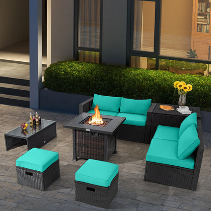 9 Pieces Patio Furniture Set with 32cm Fire Pit Table and 50000 BTU Square Propane Fire Pit-Turquoise