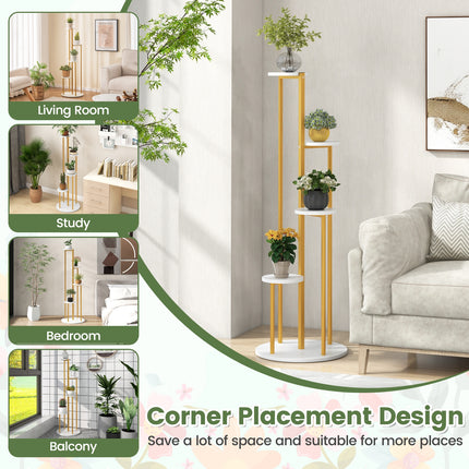 Indoor Metal Plant Stand Corner Plant Shelf for Potted Plant with Golden Metal Frame-White