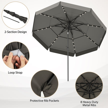 10 Feet Solar Patio Umbrella with 3-Tier Vented Top-Gray