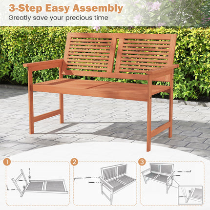 Outdoor Wooden Bench 2-Person Patio Bench with Slatted Backrest and Seat