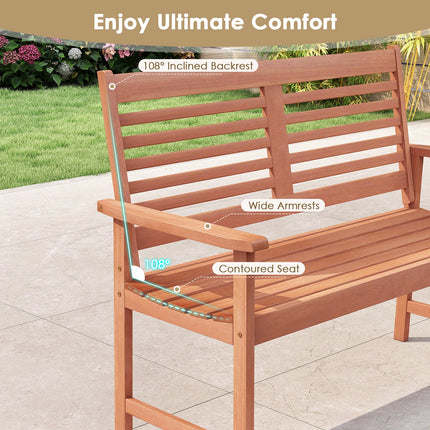 Patio Solid Wood Loveseat Outdoor 2-Seat Bench with Inclined Backrest and Slatted Seat