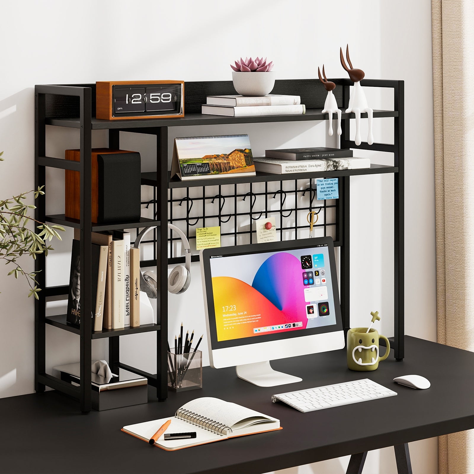 4-Tier Desk Shelf Desktop Display Rack with Metal Grid Panel and 6 Hooks-Black