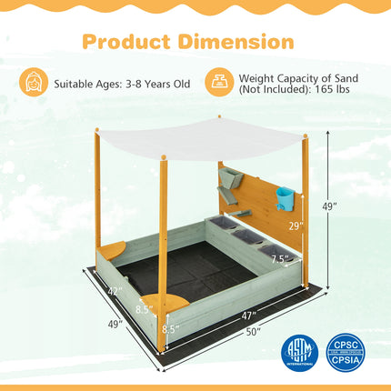 Kids Sandbox with Sand Wall w/ Removable Canopy for Kids 3-8 Years Old