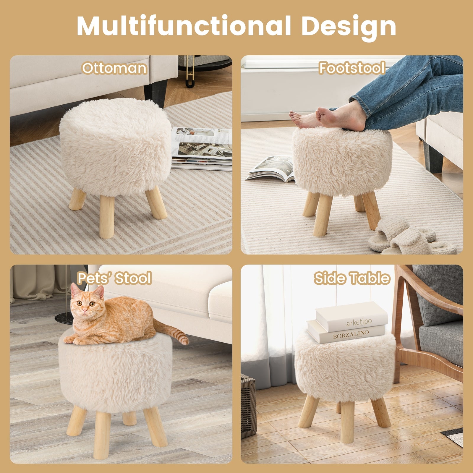 Round Footstool Ottoman Faux Fur Footrest with Padded Seat and Rubber Wood Legs-White