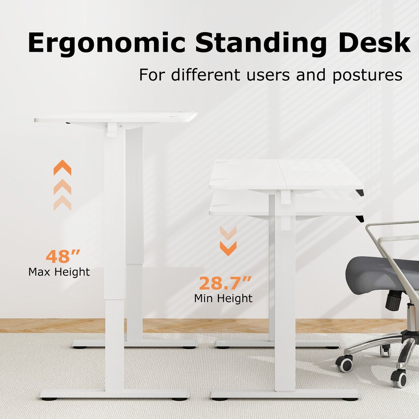 Electric Standing Desk with 3 Memory Height Settings and 2 Hanging Hooks & Cable Management-White