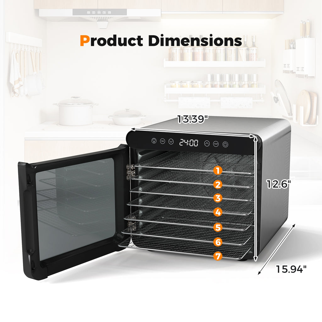 7 Stainless Steel Trays Dryer with 1-24H Timer and 30-75„ƒ Temperature-Silver