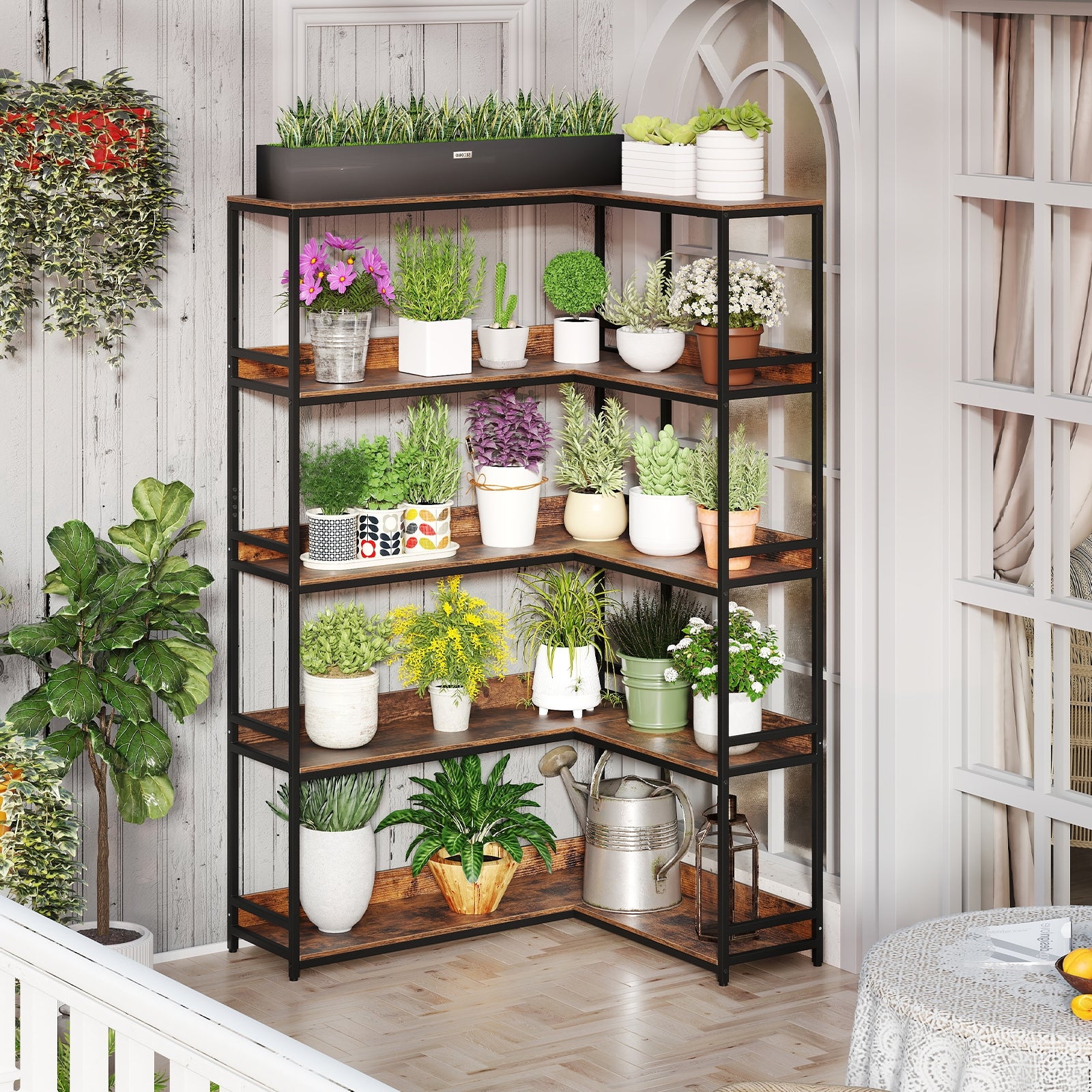 Corner Bookshelf 5-Tier L-Shaped Bookcase Etagere Bookshelf with Metal Frame-Rustic Brown