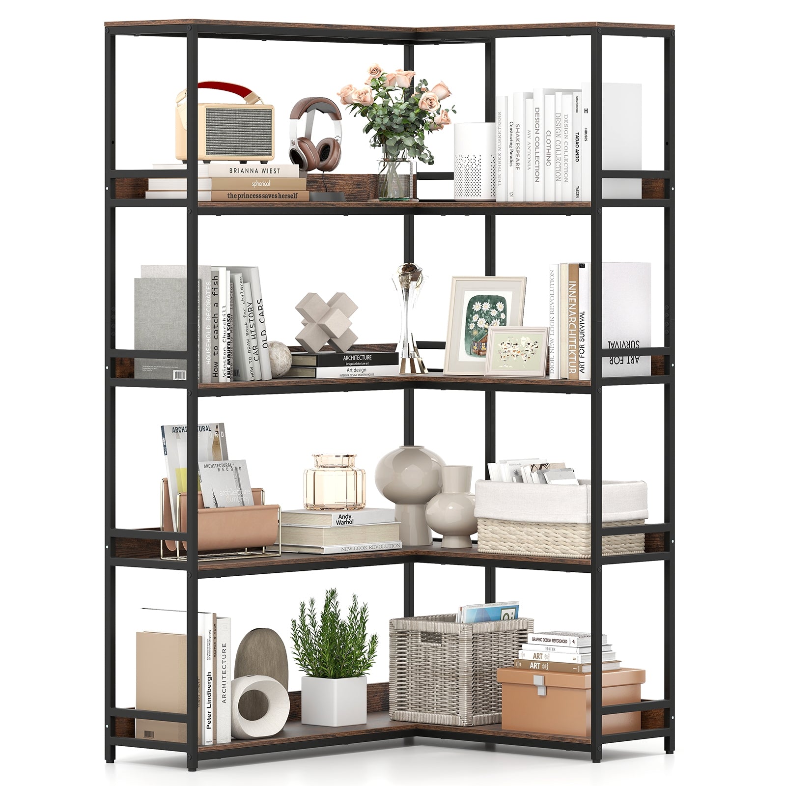 Corner Bookshelf 5-Tier L-Shaped Bookcase Etagere Bookshelf with Metal Frame-Rustic Brown