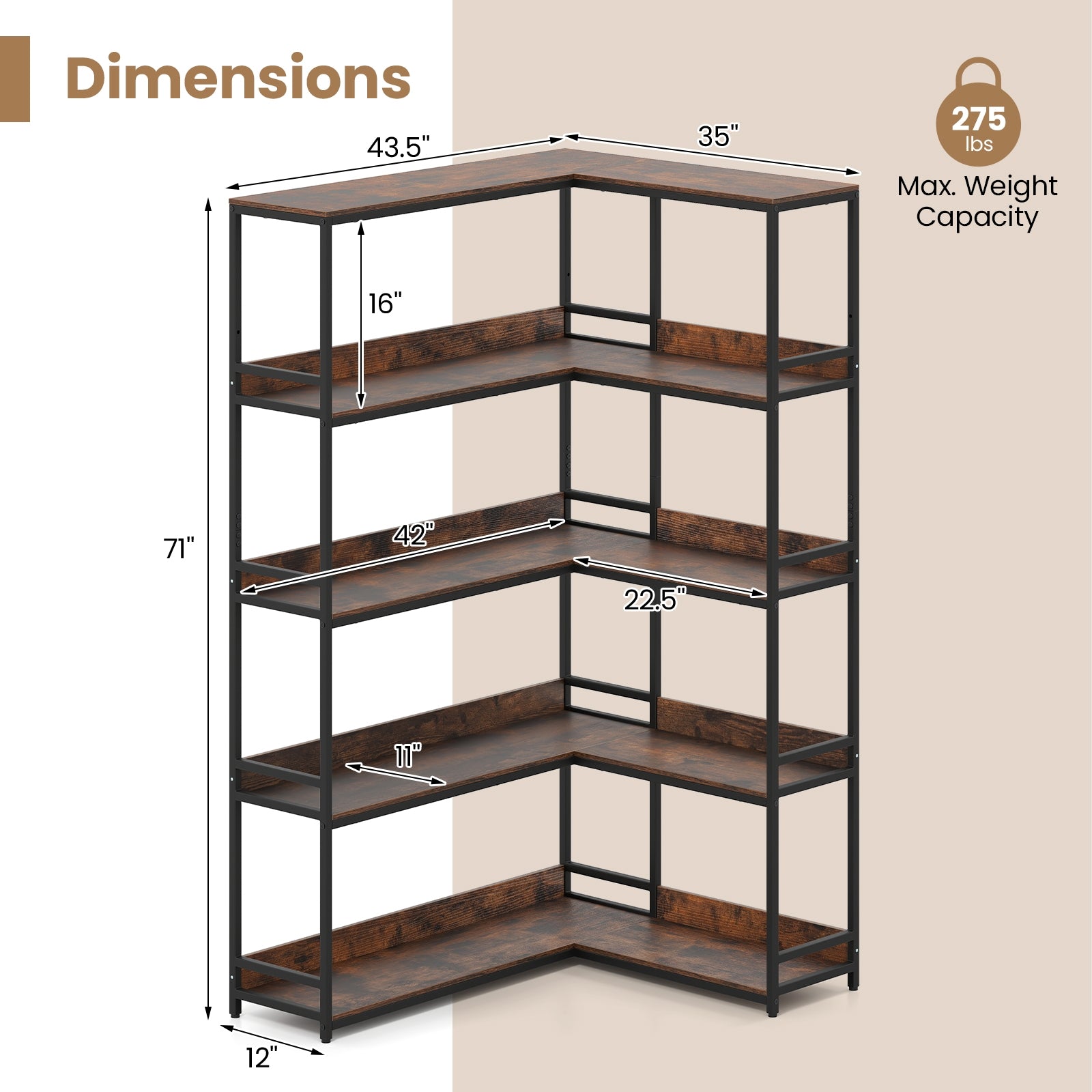 Corner Bookshelf 5-Tier L-Shaped Bookcase Etagere Bookshelf with Metal Frame-Rustic Brown