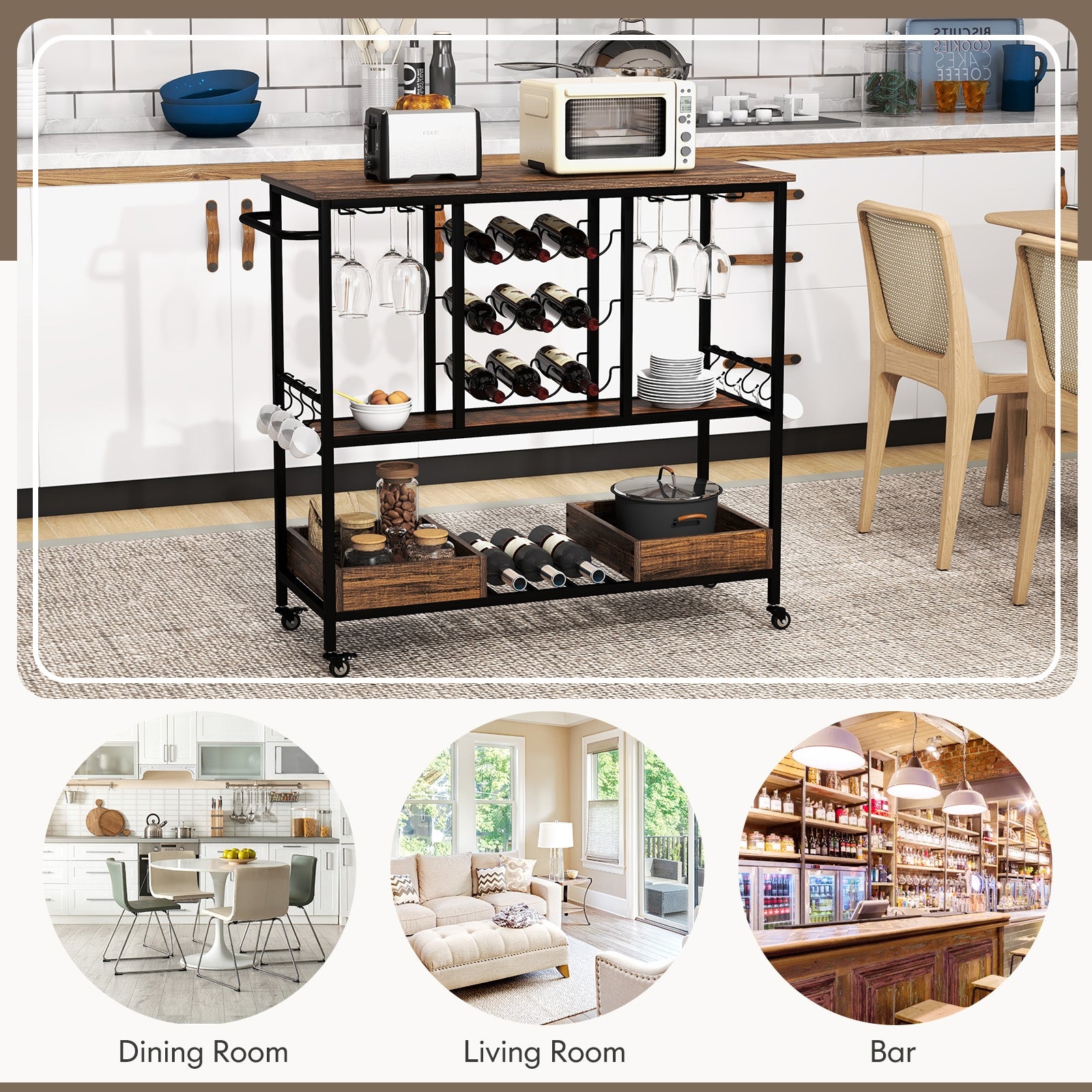 3 Tiers Bar Cart on Wheels with Glass Racks-Rustic Brown