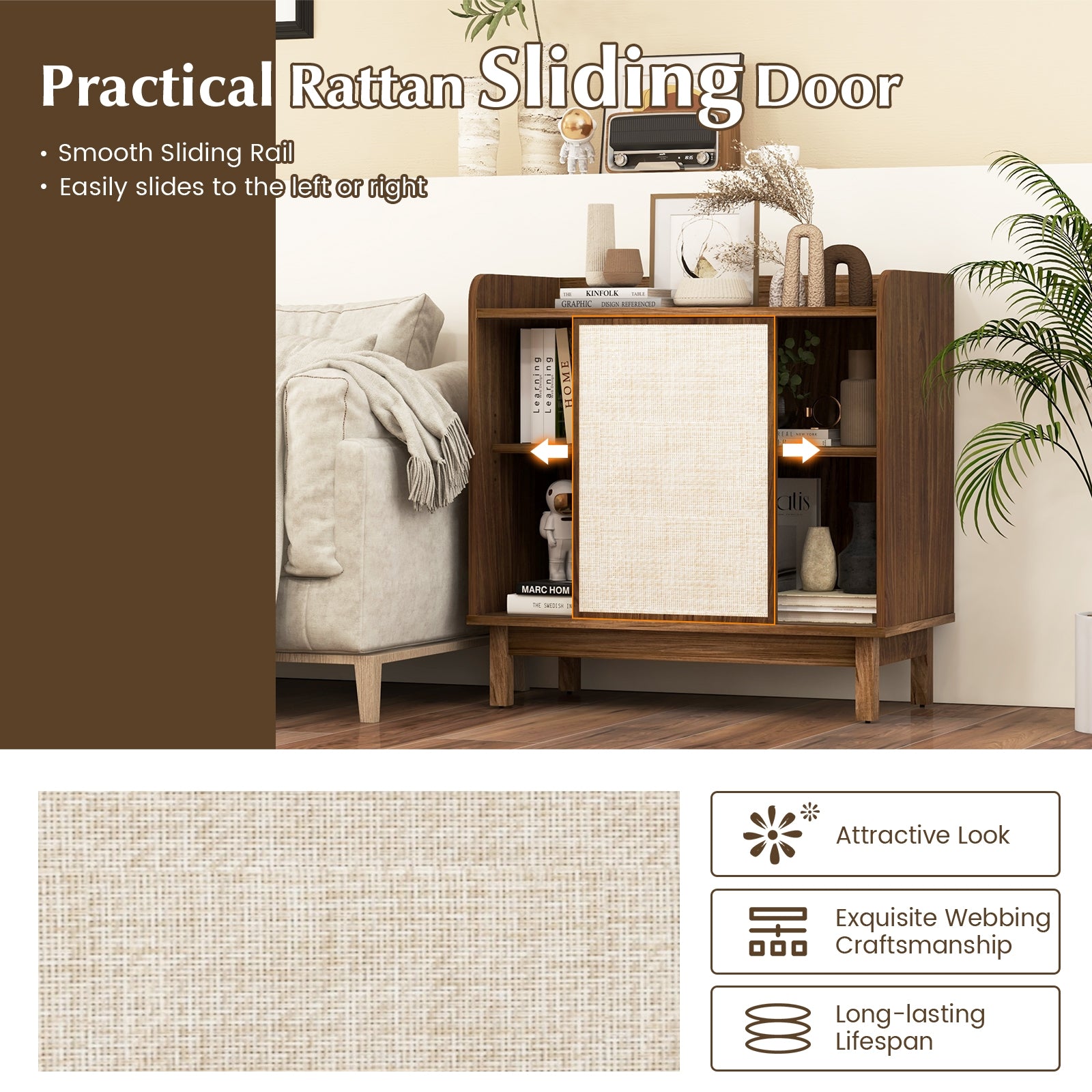 Rattan Buffet Sideboard Mid Century Floor Storage Cabinet with Sliding Door and Adjustable Shelves-Walnut