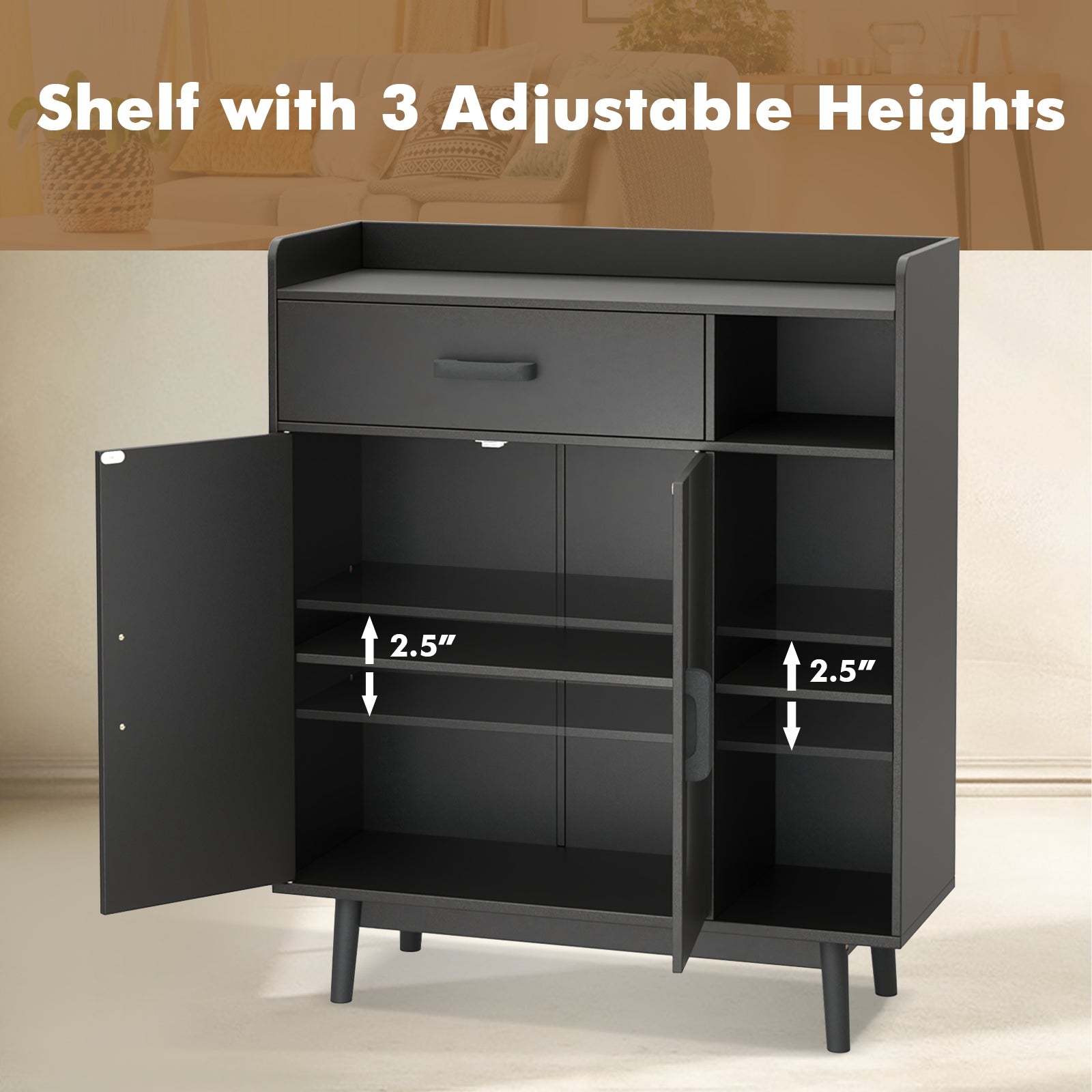 Floor Storage Cabinet Free Standing Cupboard Chest with 1 Drawer-Black