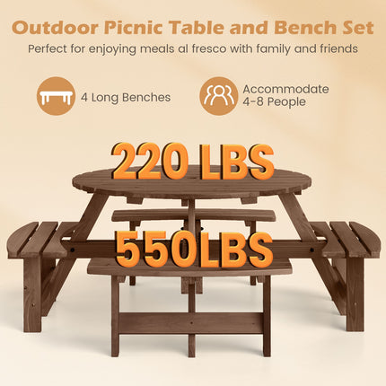 8-Person Round Picnic Table Set Circular Patio Dining Camping Table with Benches-Brown
