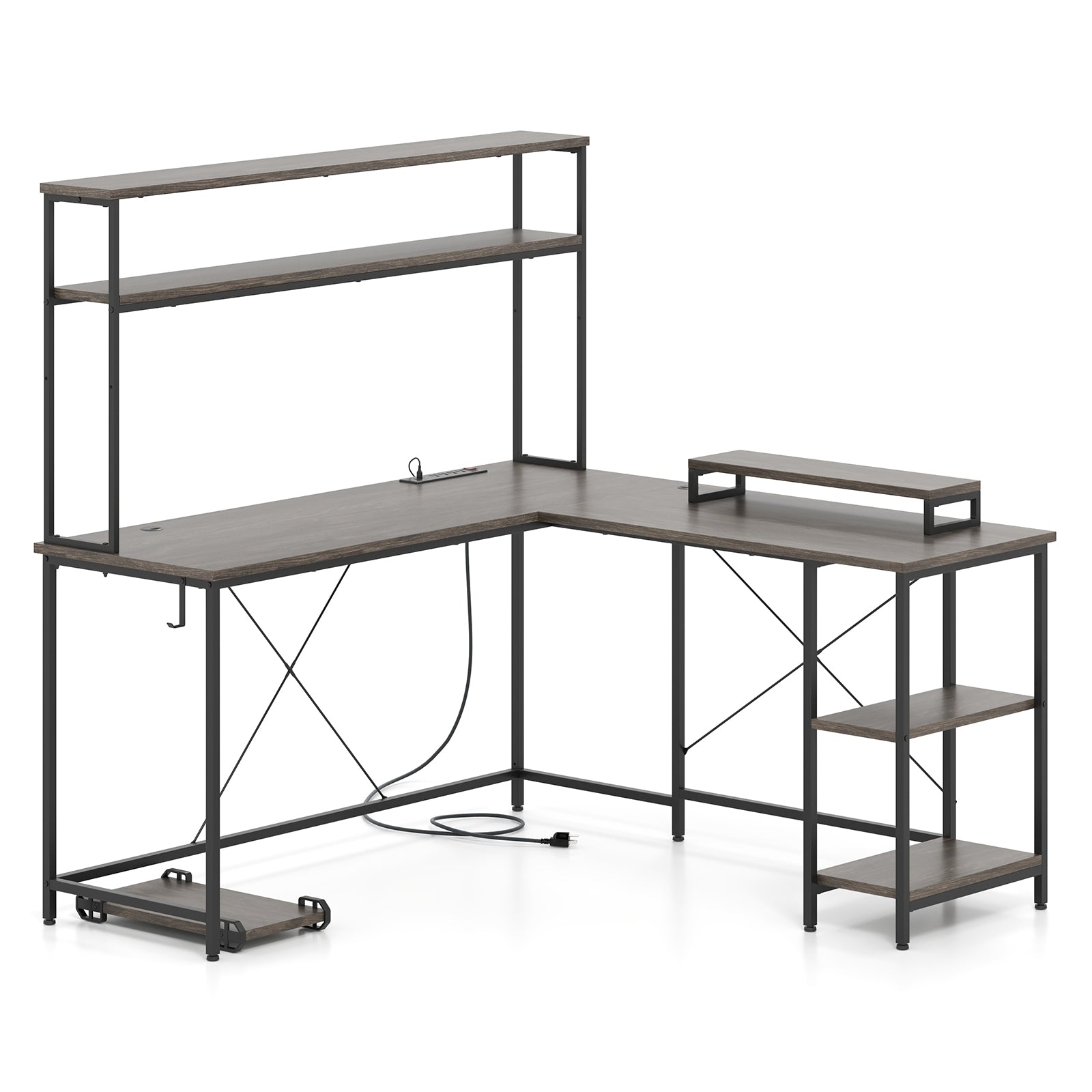L-Shaped Reversible Gaming Desk with LED Strip and Power Outlets Hutch Monitor Stand-Gray