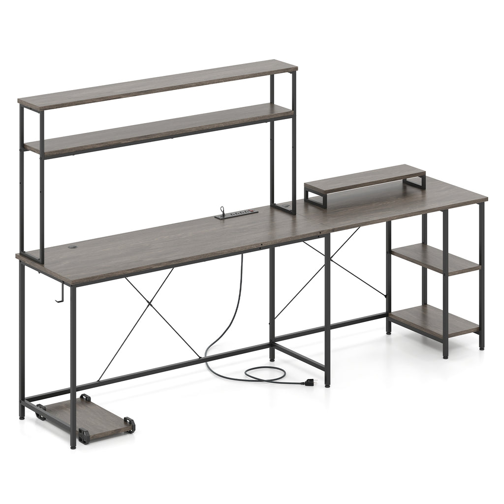 L-Shaped Reversible Gaming Desk with LED Strip and Power Outlets Hutch Monitor Stand-Gray