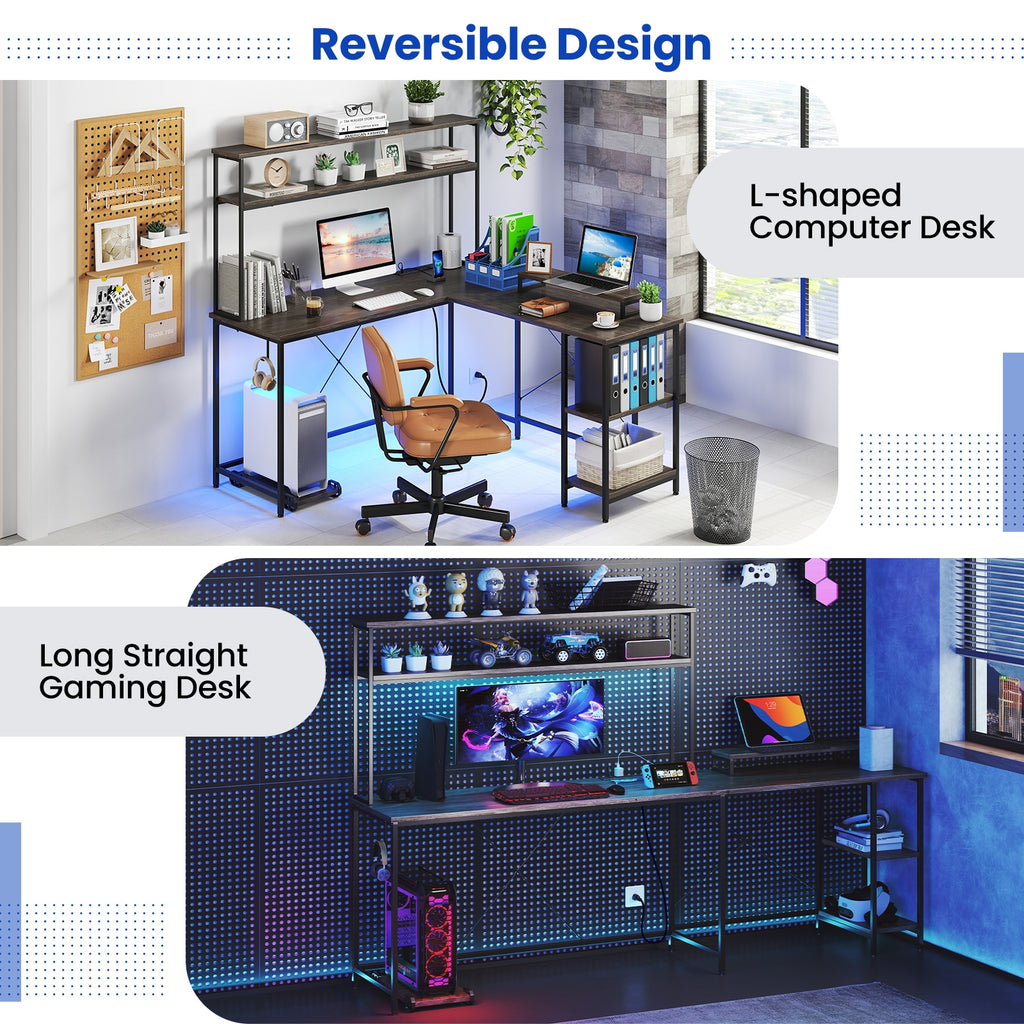L-Shaped Reversible Gaming Desk with LED Strip and Power Outlets Hutch Monitor Stand-Gray