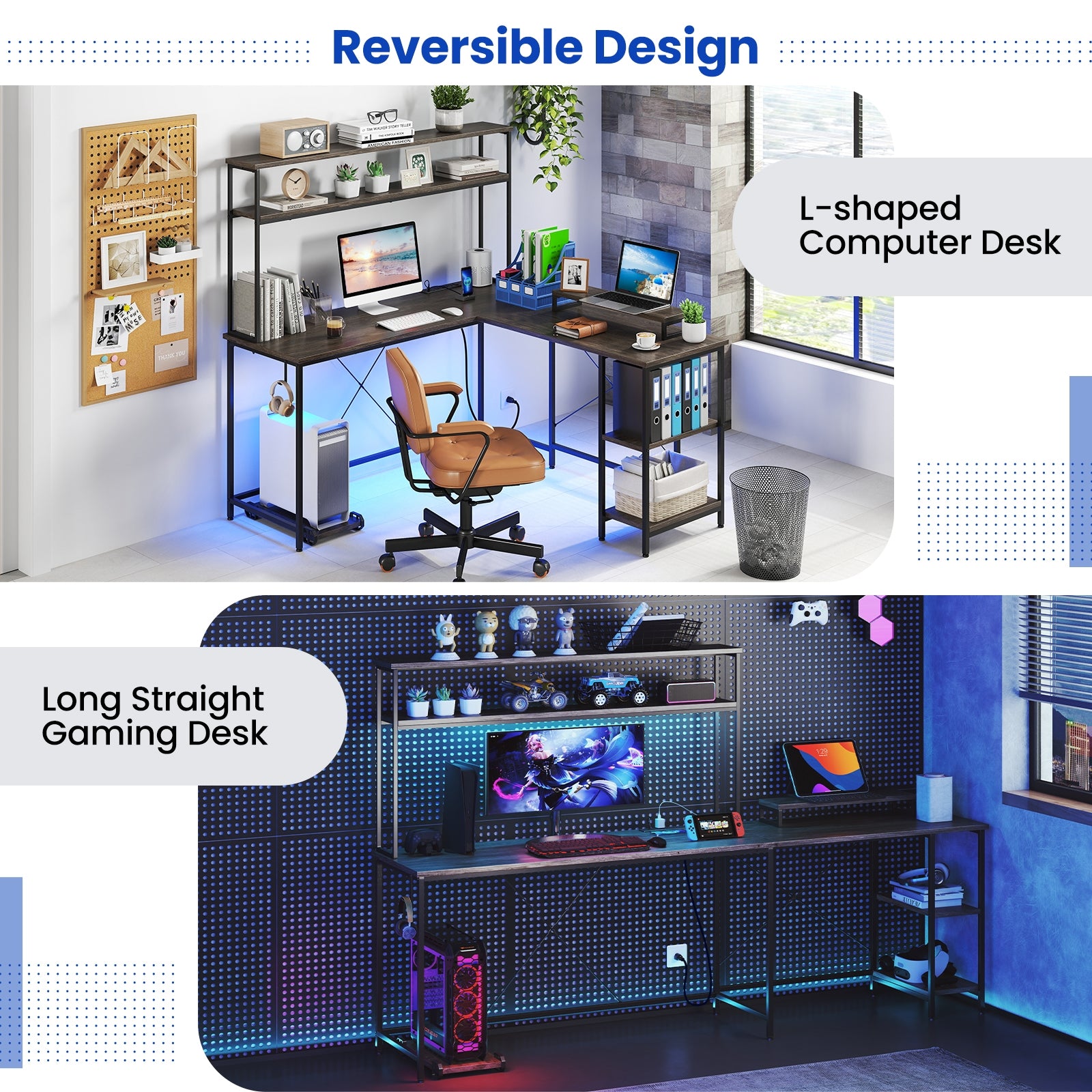 L-Shaped Reversible Gaming Desk with LED Strip and Power Outlets Hutch Monitor Stand-Gray