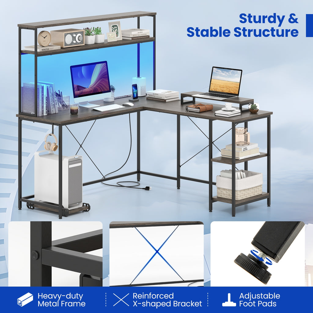 L-Shaped Reversible Gaming Desk with LED Strip and Power Outlets Hutch Monitor Stand-Gray