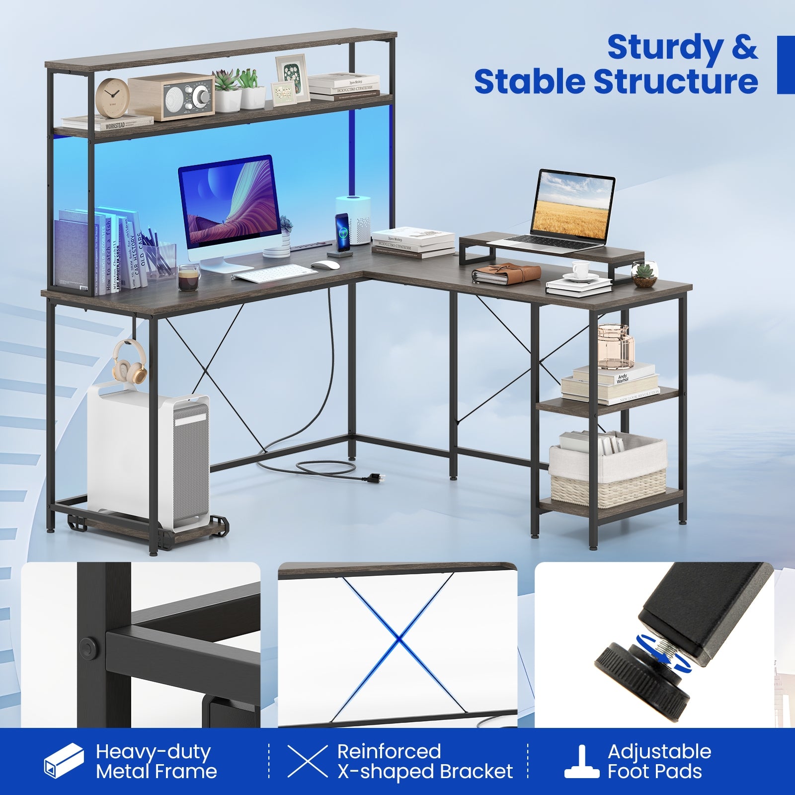 L-Shaped Reversible Gaming Desk with LED Strip and Power Outlets Hutch Monitor Stand-Gray