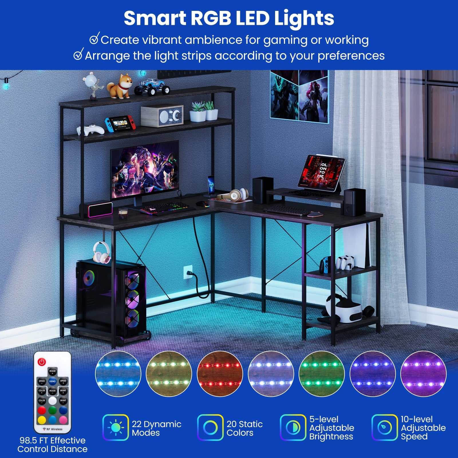 L-Shaped Reversible Gaming Desk with LED Strip and Power Outlets Hutch Monitor Stand-Gray