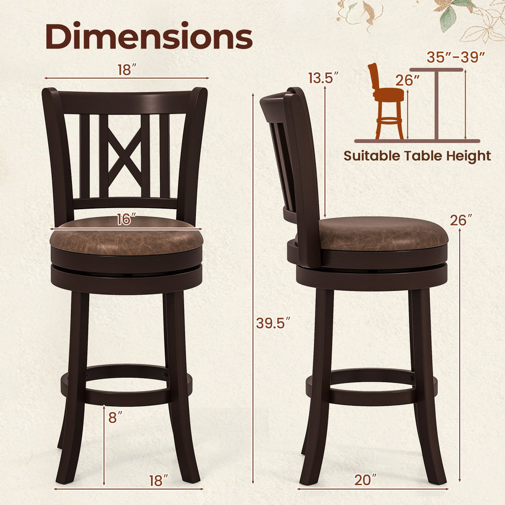 Set of 2 Bar Stools Swivel Bar Chairs with Footrest and Hollowed Backrest-26 inches