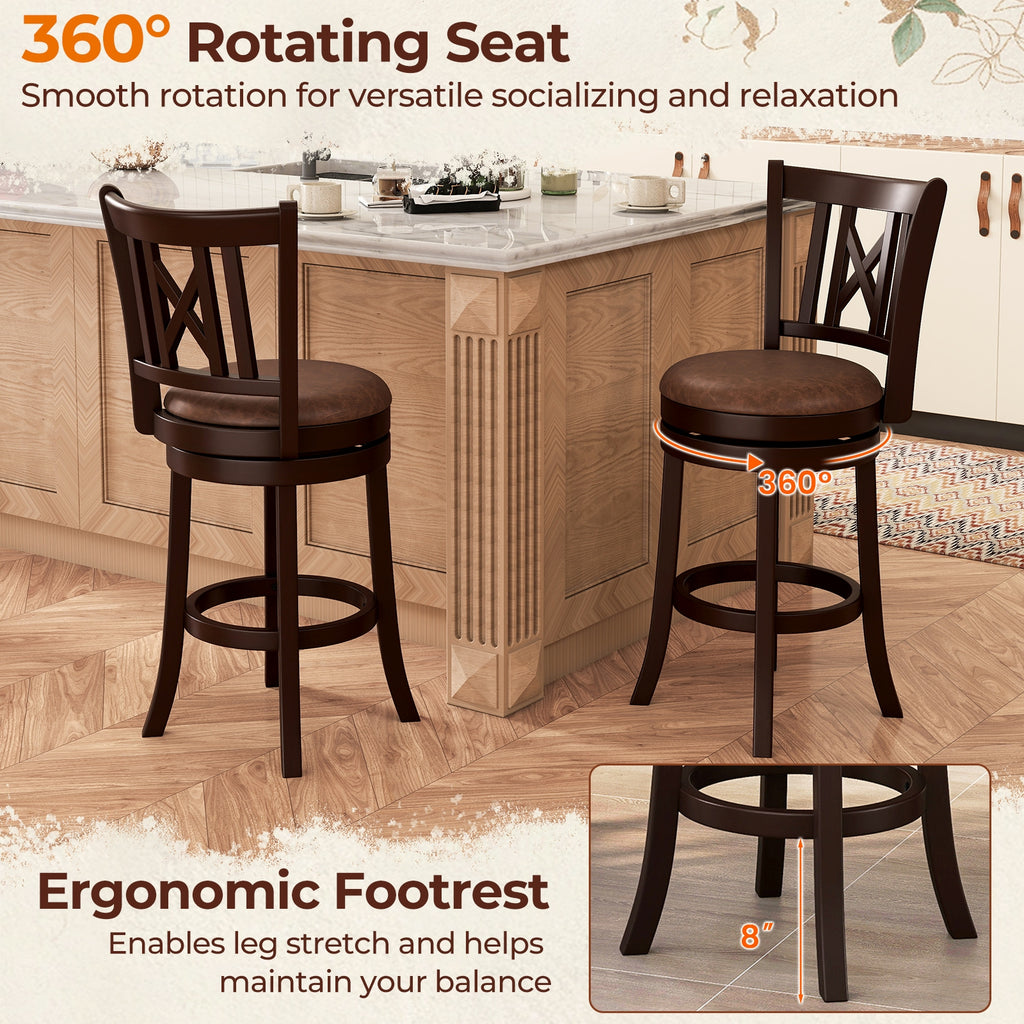 Set of 2 Bar Stools Swivel Bar Chairs with Footrest and Hollowed Backrest-26 inches