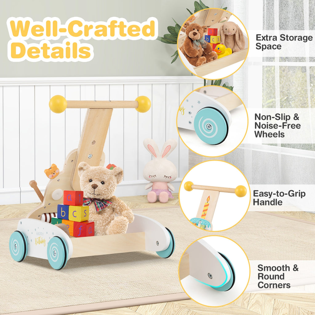 Wooden Baby Walker with Adjustable Heights and Smooth Wheels-White
