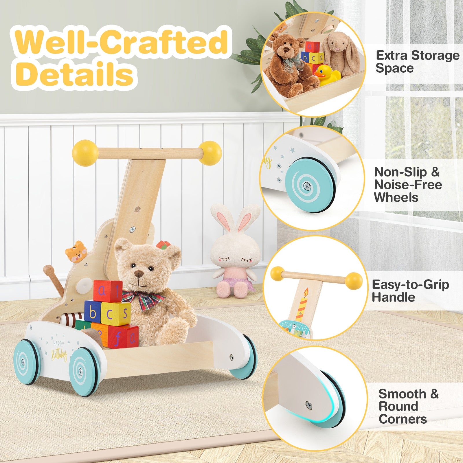 Wooden Baby Walker with Adjustable Heights and Smooth Wheels-White