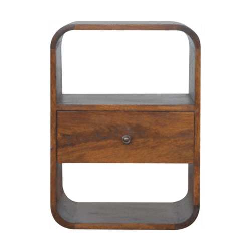 Chestnut Curved Edge Nightstand made from solid mango wood with drawer and two open storage slots. 360 degree GIF