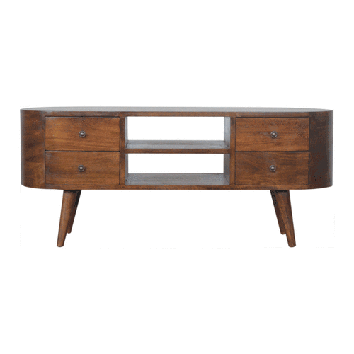 Chestnut Rounded Entertainment Unit made from solid mango wood with 4 drawers and Nordic-style legs. GIF 