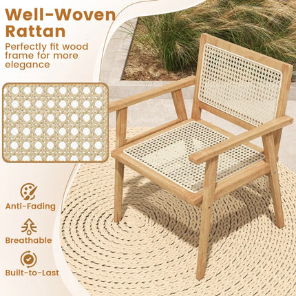 Indonesia Teak Wood Chair with Natural Rattan Seat and Curved Backrest for Backyard Porch Balcony - Natural - Patio