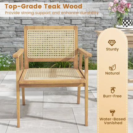 Indonesia Teak Wood Chair with Natural Rattan Seat and Curved Backrest for Backyard Porch Balcony - Natural - Patio