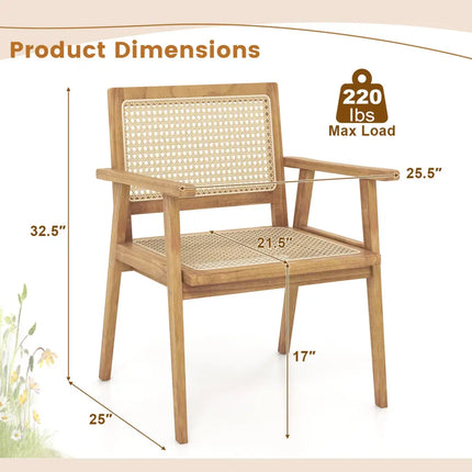Indonesia Teak Wood Chair with Natural Rattan Seat and Curved Backrest for Backyard Porch Balcony - Natural - Patio