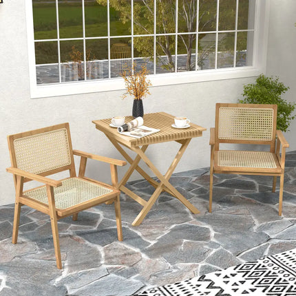 Indonesia Teak Wood Chair with Natural Rattan Seat and Curved Backrest for Backyard Porch Balcony - Natural - Patio