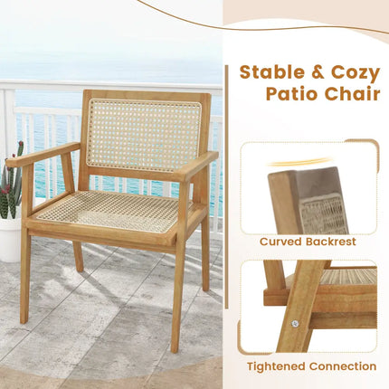 Indonesia Teak Wood Chair with Natural Rattan Seat and Curved Backrest for Backyard Porch Balcony - Natural - Patio