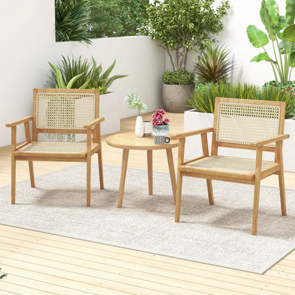 Indonesia Teak Wood Chair with Natural Rattan Seat and Curved Backrest for Backyard Porch Balcony - Natural - Patio