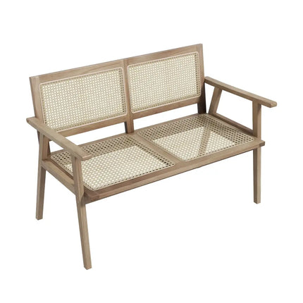 Indonesia Teak Wood Garden Bench with Armrests and Natural Rattan Backrest - Natural - Outdoor Benches