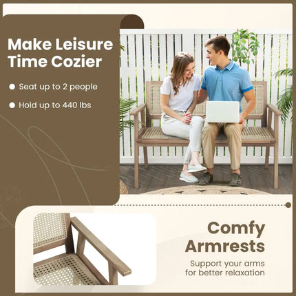 Indonesia Teak Wood Garden Bench with Armrests and Natural Rattan Backrest - Natural - Outdoor Benches