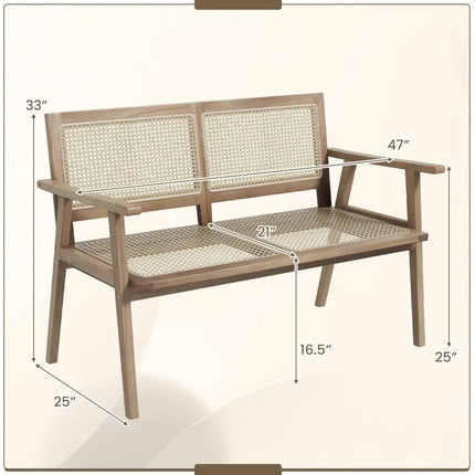 Indonesia Teak Wood Garden Bench with Armrests and Natural Rattan Backrest - Natural - Outdoor Benches