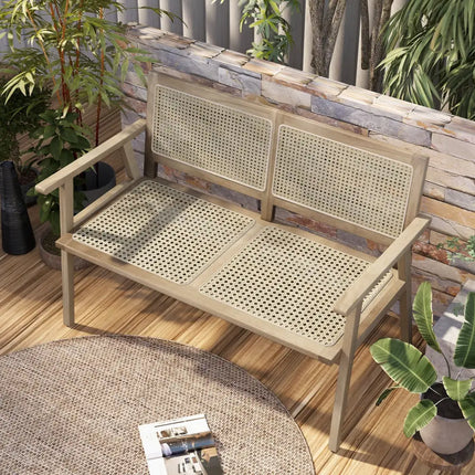 Indonesia Teak Wood Garden Bench with Armrests and Natural Rattan Backrest - Natural - Outdoor Benches