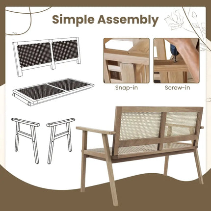 Indonesia Teak Wood Garden Bench with Armrests and Natural Rattan Backrest - Natural - Outdoor Benches