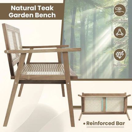Indonesia Teak Wood Garden Bench with Armrests and Natural Rattan Backrest - Natural - Outdoor Benches