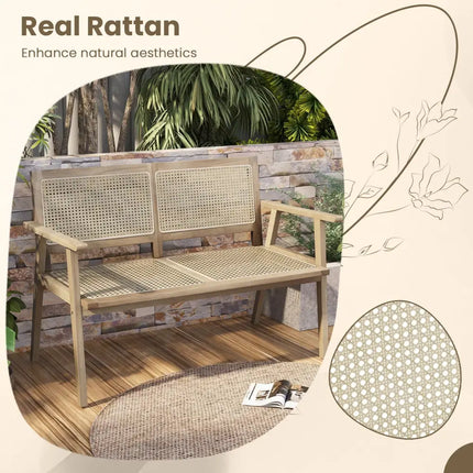 Indonesia Teak Wood Garden Bench with Armrests and Natural Rattan Backrest - Natural - Outdoor Benches